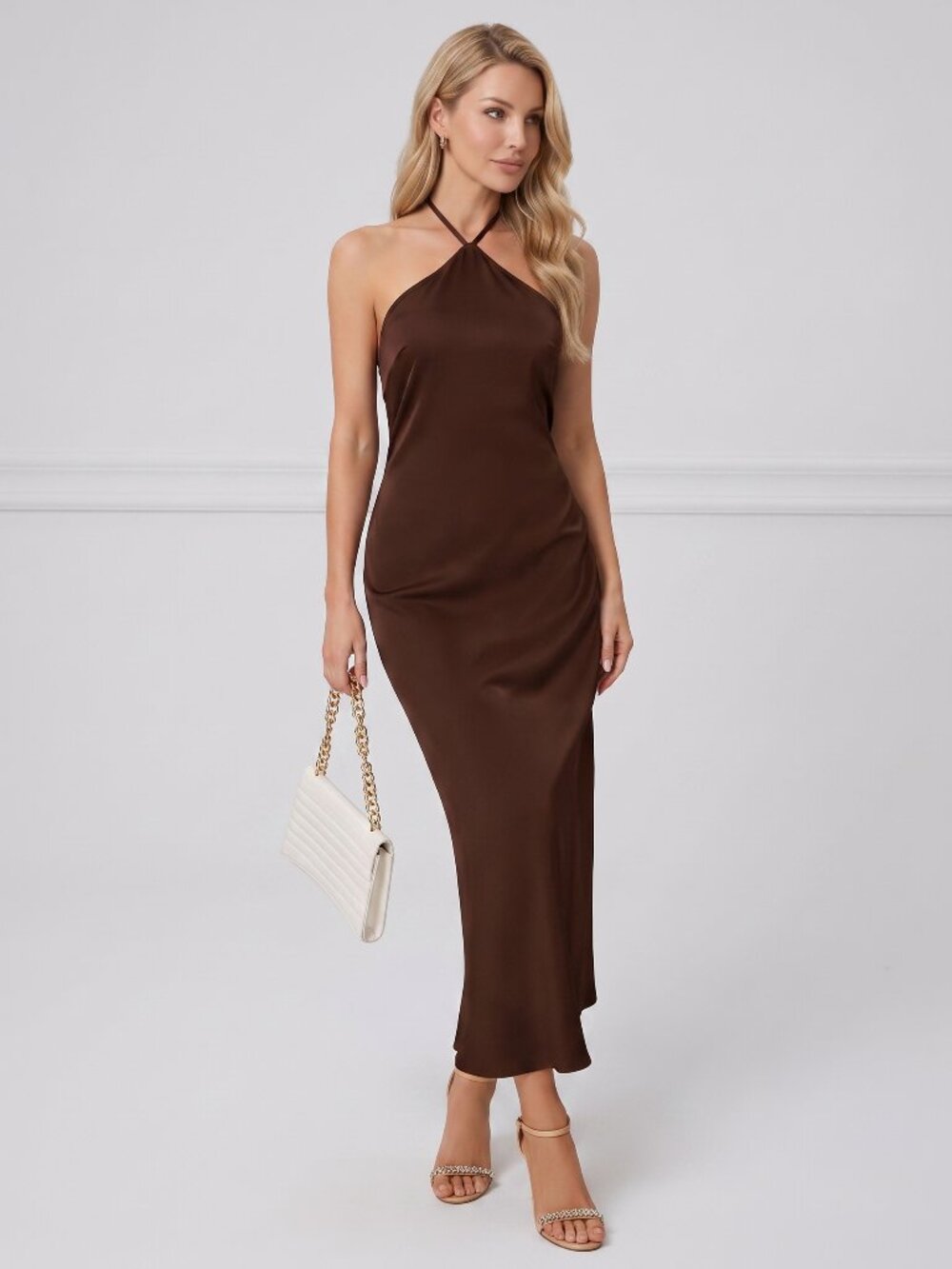 Women's Brown Satin Backless Halter Maxi Dress Tie Strap Holiday Party Formal